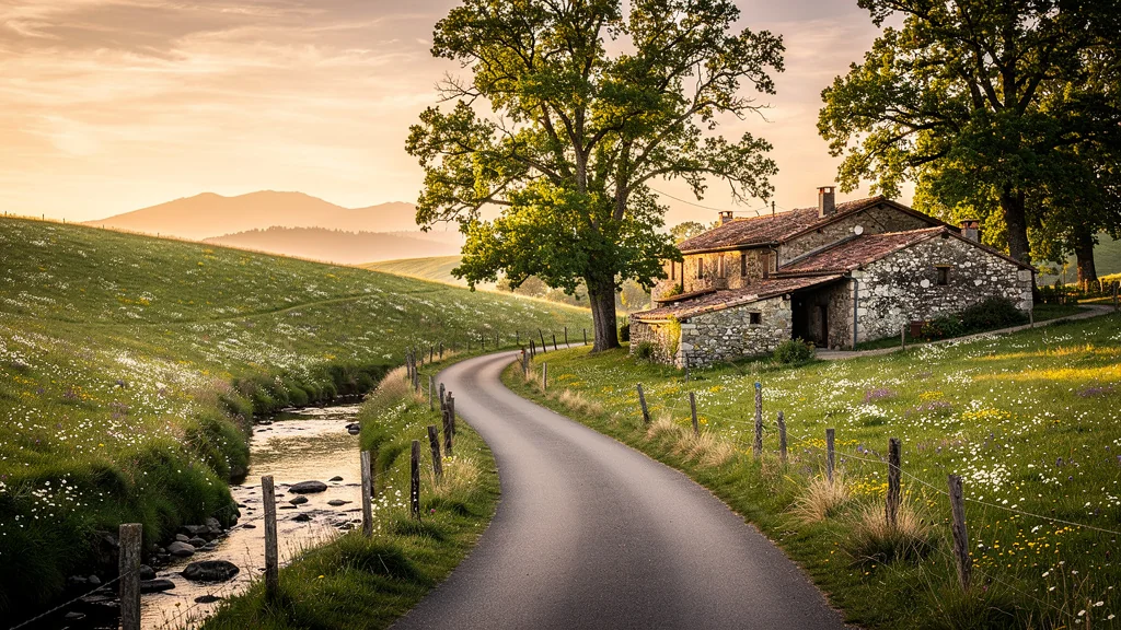 Paysage rural hyper-réaliste du Borjon-Piron au Pays du Cheylard sous lumière dorée authentique