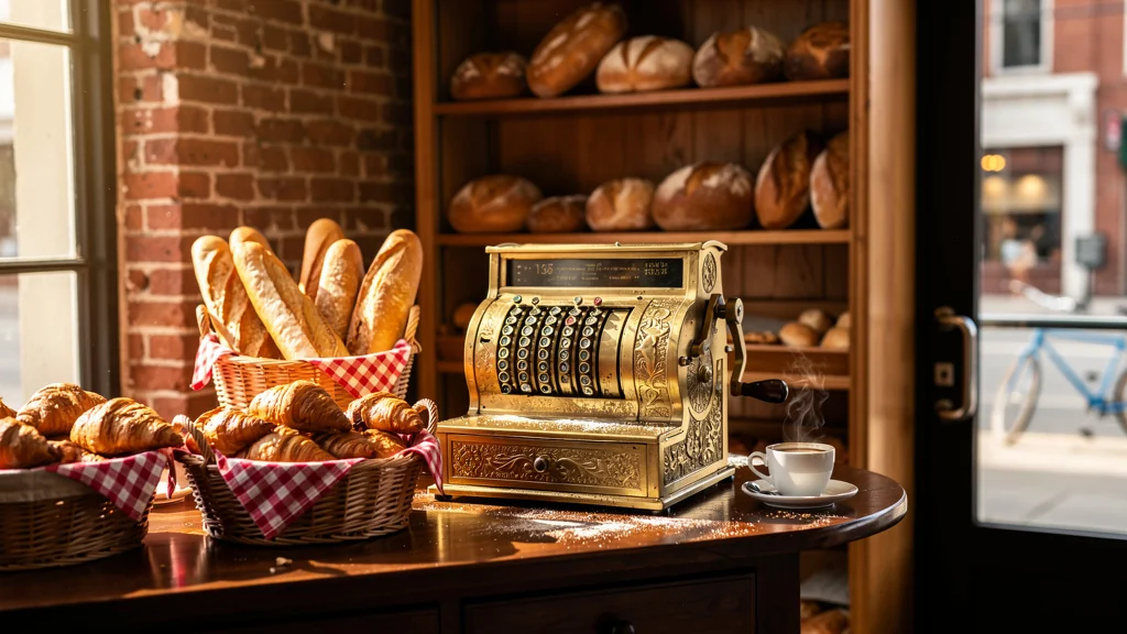 Caisse enregistreuse vintage dans une boulangerie traditionnelle avec pains et viennoiseries fraîches