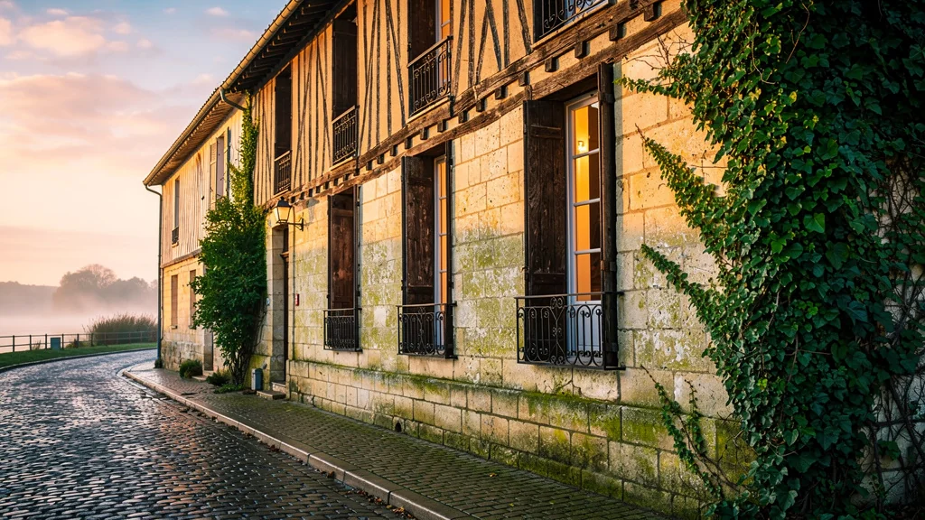 Façade traditionnelle de Coulon éclairée par un soleil doré aux détails architecturaux précis