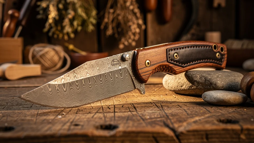Couteau artisanal pliant en bois et acier damas, détail hyper réaliste sur surface en bois rustique