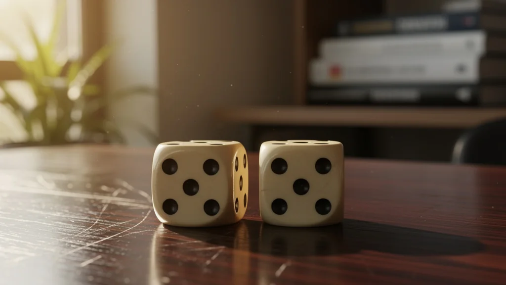 Image ultra-réaliste de deux dés as sur table en bois symbolisant le risque et l'entrepreneuriat