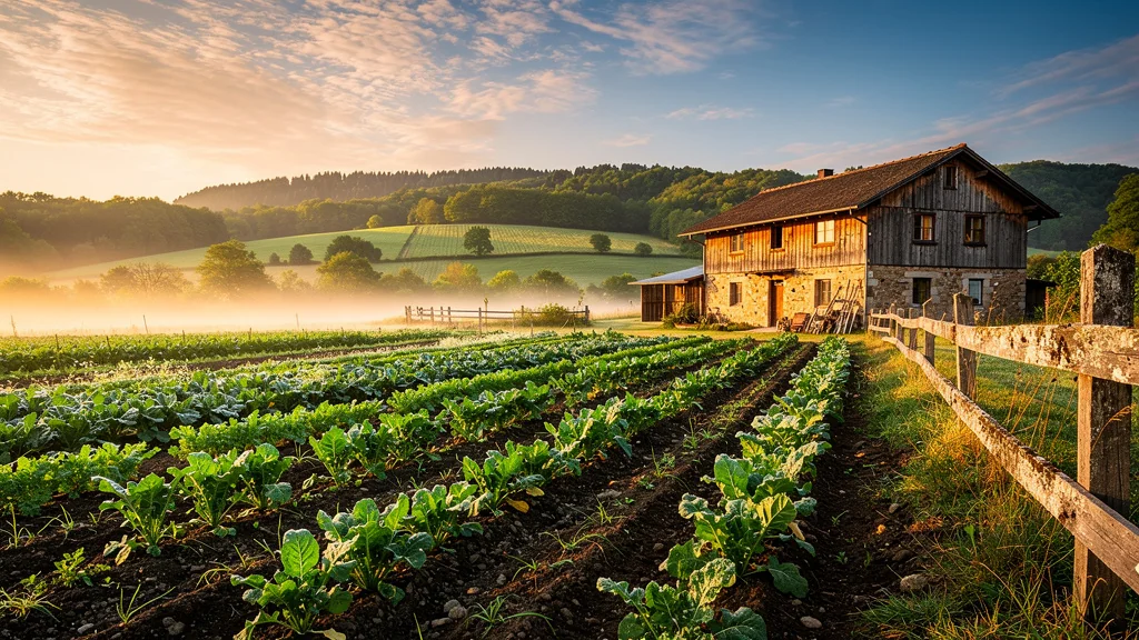 Paysage hyper-réaliste de la ferme Kissi au lever du soleil avec champs cultivés et maison rustique