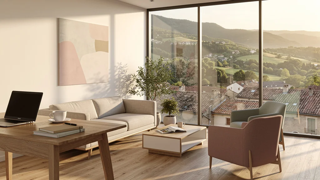 Intérieur moderne et lumineux avec vue sur Le Cheylard, symbolisant immodeco et entrepreneuriat local