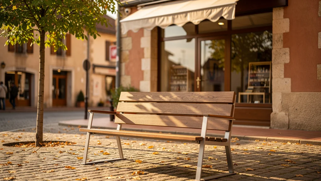 Banc devant une boutique ensoleillée au Pays du Cheylard favorisant l'arrêt des passants