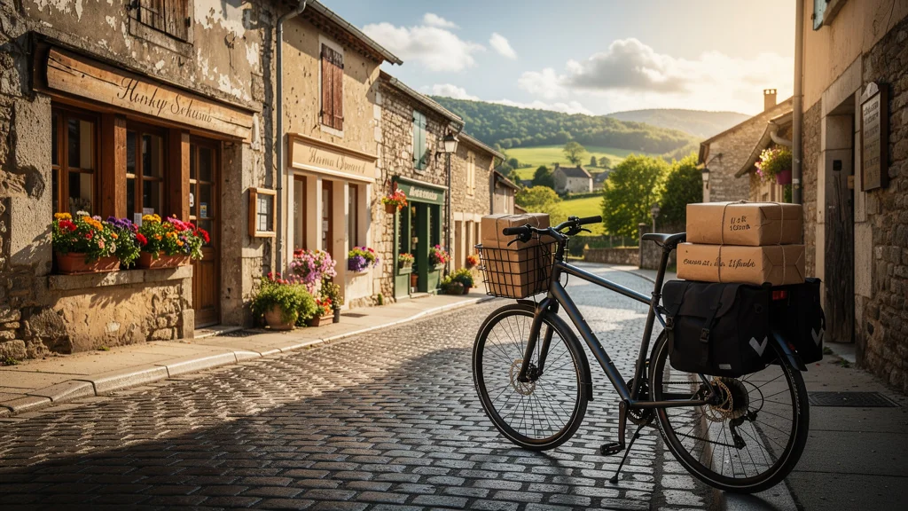 Livraison écologique à vélo entre trois commerces dans un bourg pittoresque du Pays du Cheylard