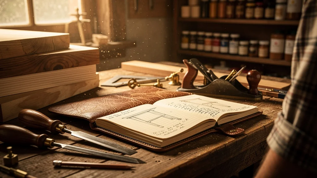 Le carnet de commandes d’un menuisier ouvert sur un établi en bois dans un atelier chaleureux et lumineux