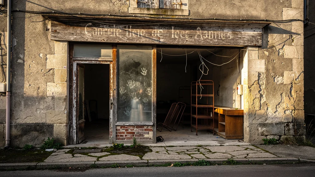 Photo réaliste d'un local commercial à rénover avec façade ancienne et ambiance urbaine au Pays du Cheylard