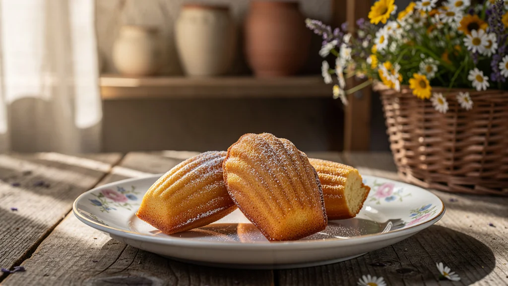 Madeleines bijou artisanales dorées sur assiette en porcelaine, lumière naturelle, ambiance chaleureuse Pays du Cheylard