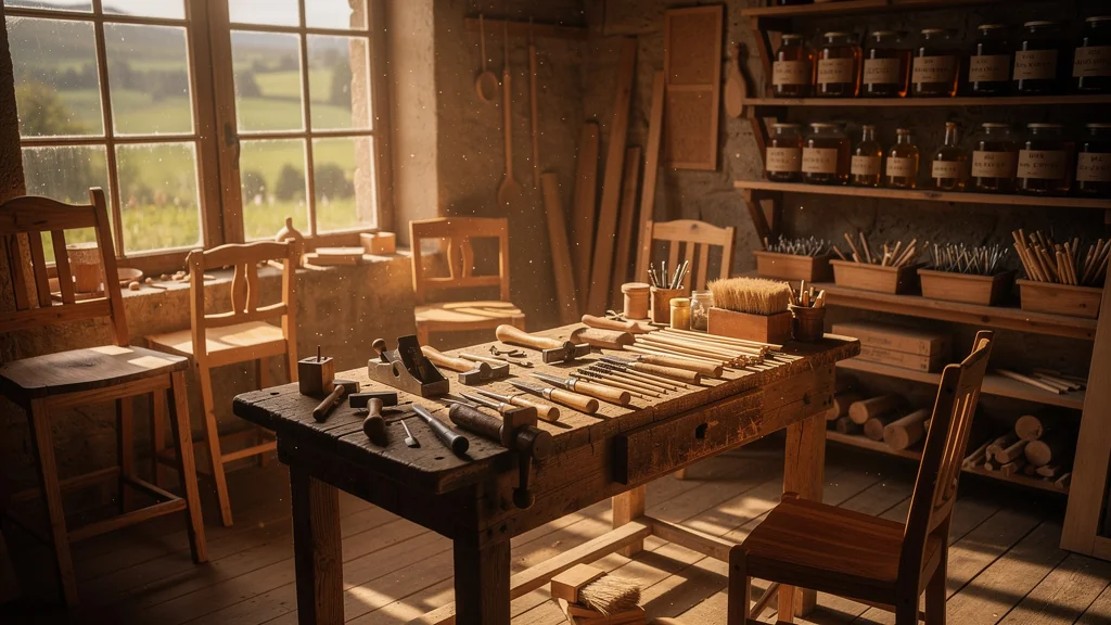 Atelier artisanal chaleureux et lumineux avec outils et meubles en bois dans le Pays du Cheylard