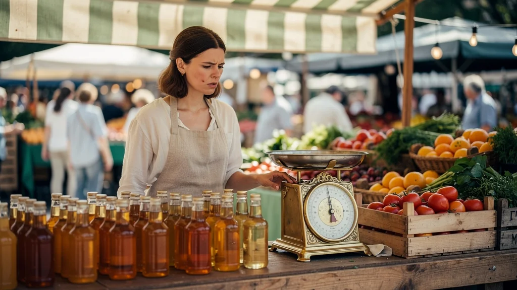 Panne de terminal au marché révélant le poids réel du liquide sur une balance vintage un samedi matin