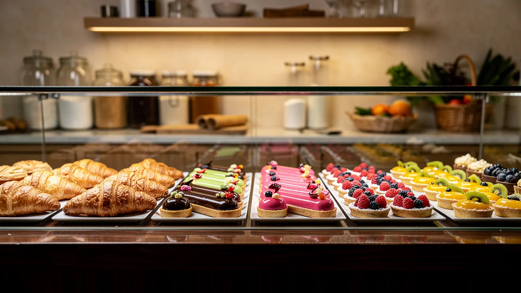 Vitrine pour pâtisserie élégante montrant des pâtisseries artisanales en vitrine avec éclairage chaleureux